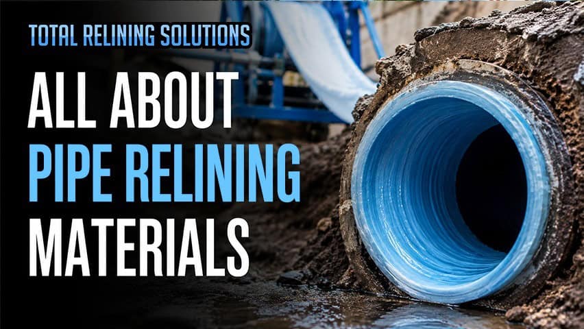 Flexible pipe relining installation process with blue lining material in a trench.